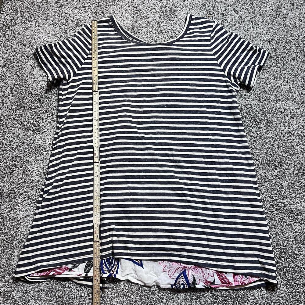 Women’s Grey White Striped High Low Hem Tunic Top Short Sleeve Scoop Neck Tee”